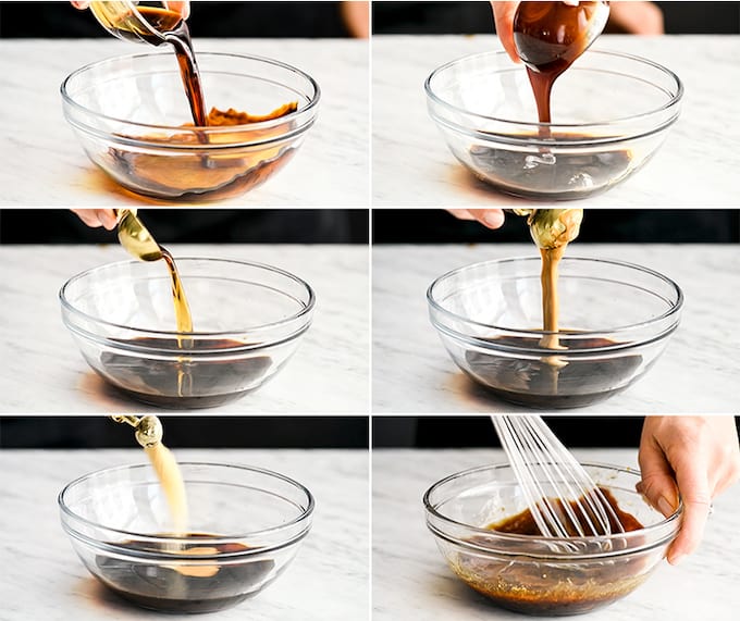 six-photo collage showing how to make the sauce for asian chicken lettuce wraps