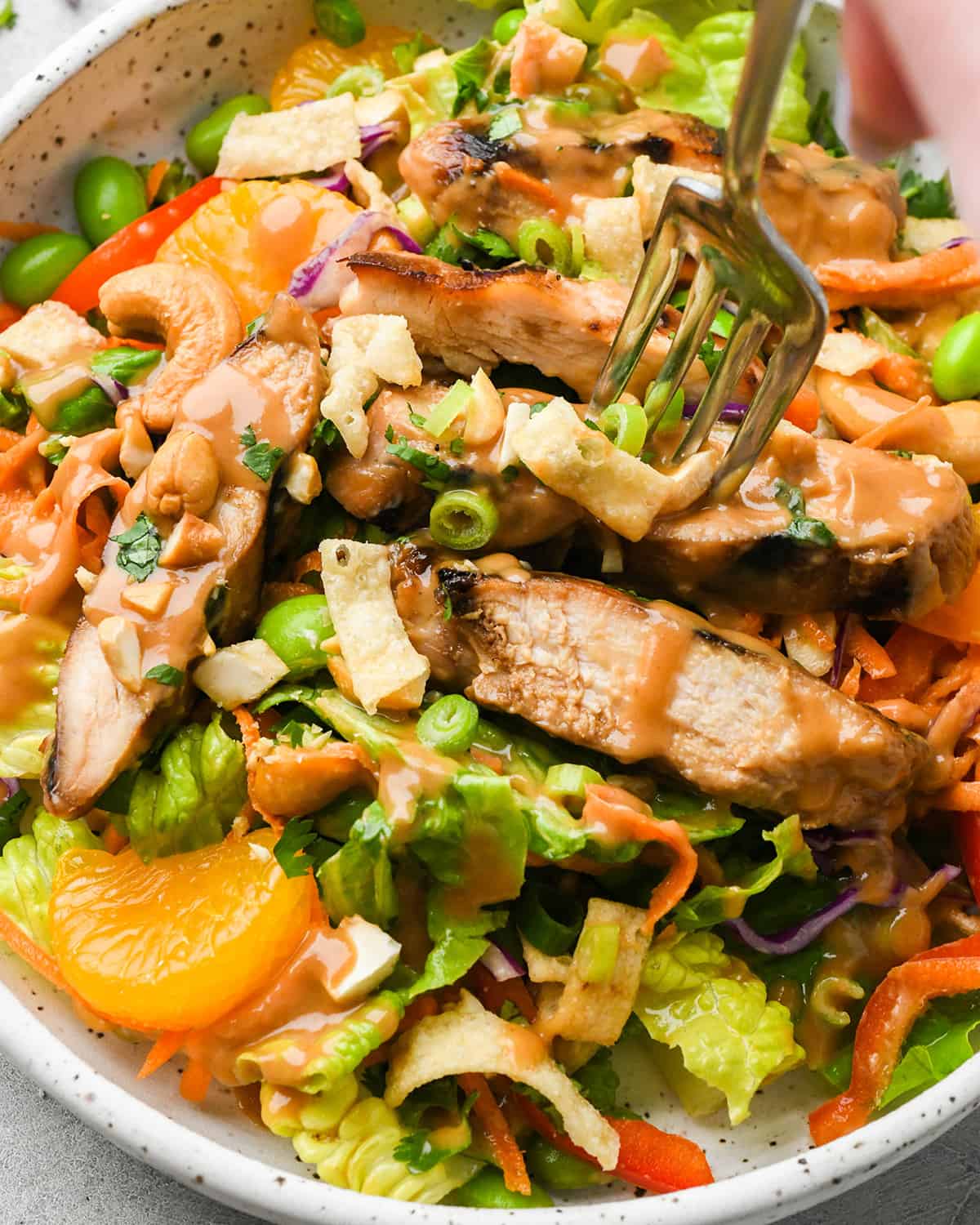 a fork taking a bite of Asian Chicken Salad