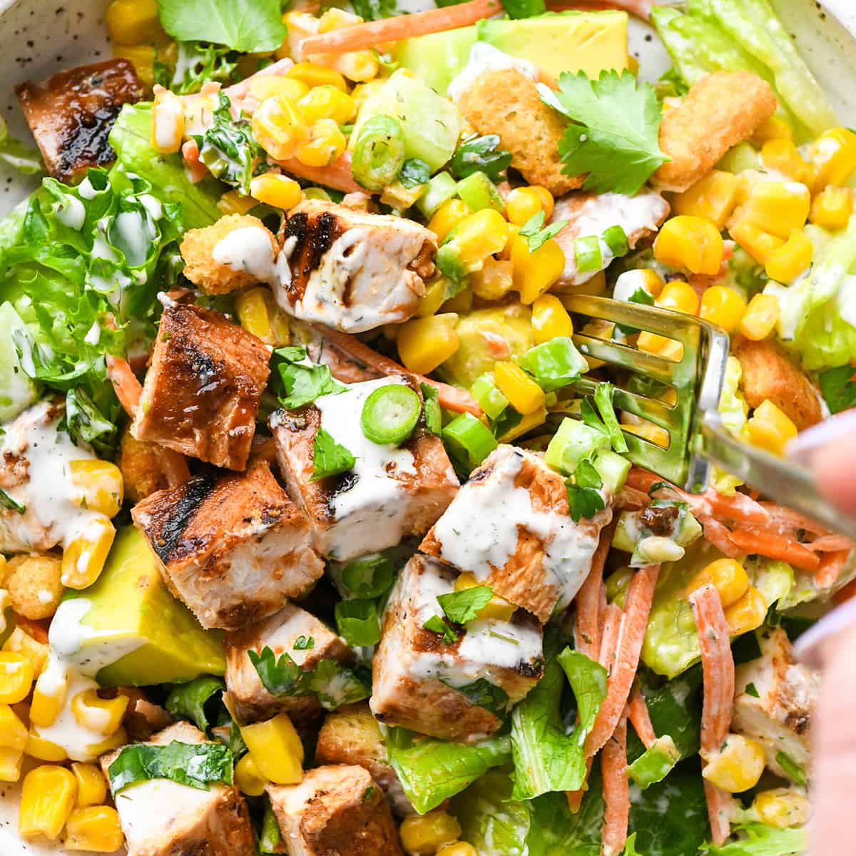 a fork taking a bite of BBQ Chicken Salad