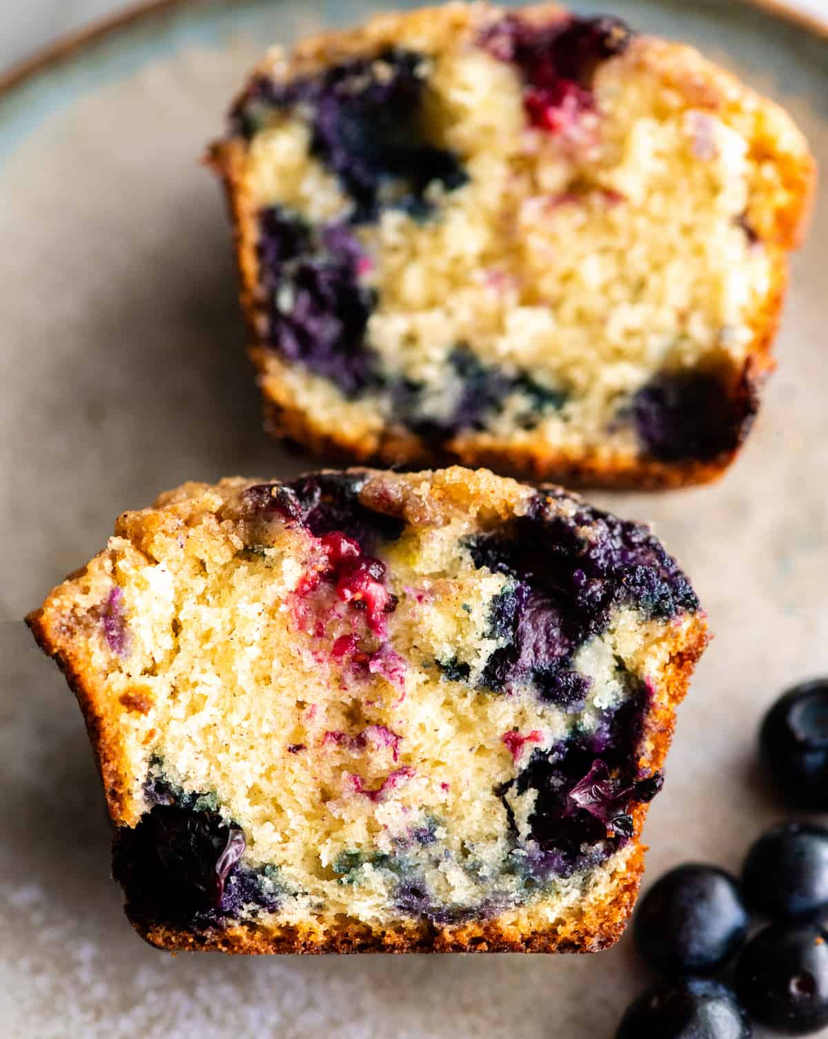up close overhead view of the inside of a blueberry muffin