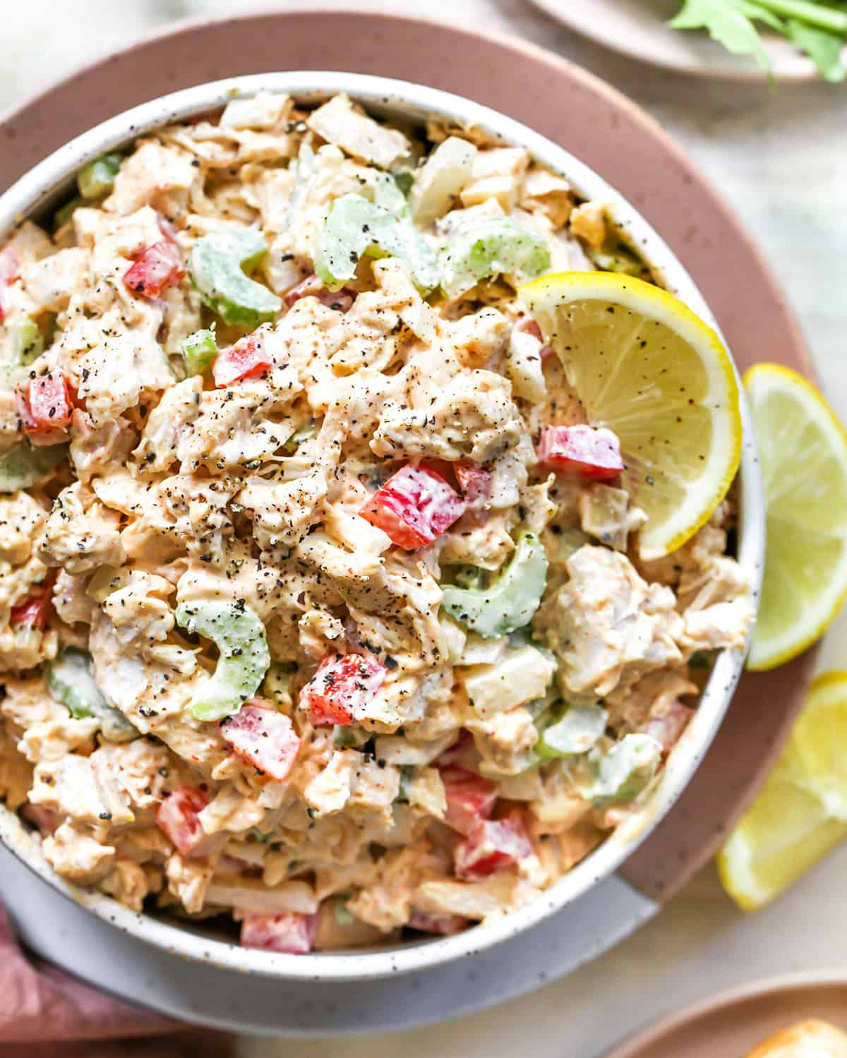 overhead view of a bowl of chicken salad