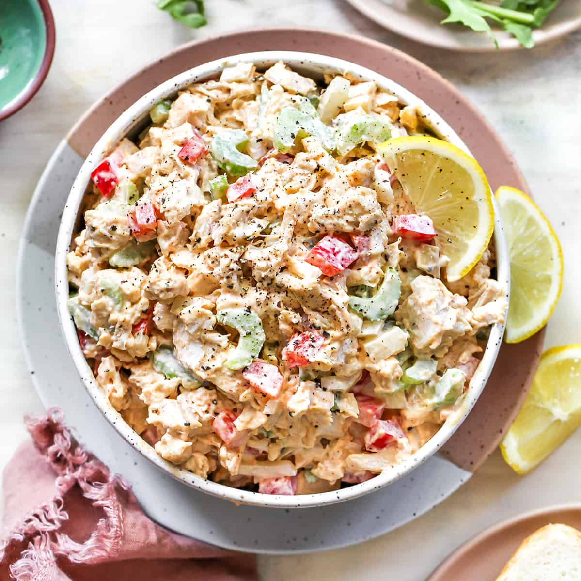 Overhead view of a bowl of chicken salad