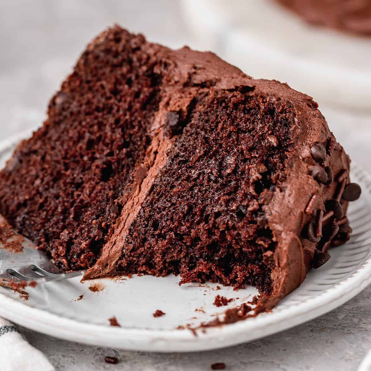 a slice of Chocolate Cake on a plate with a bite taken out of it