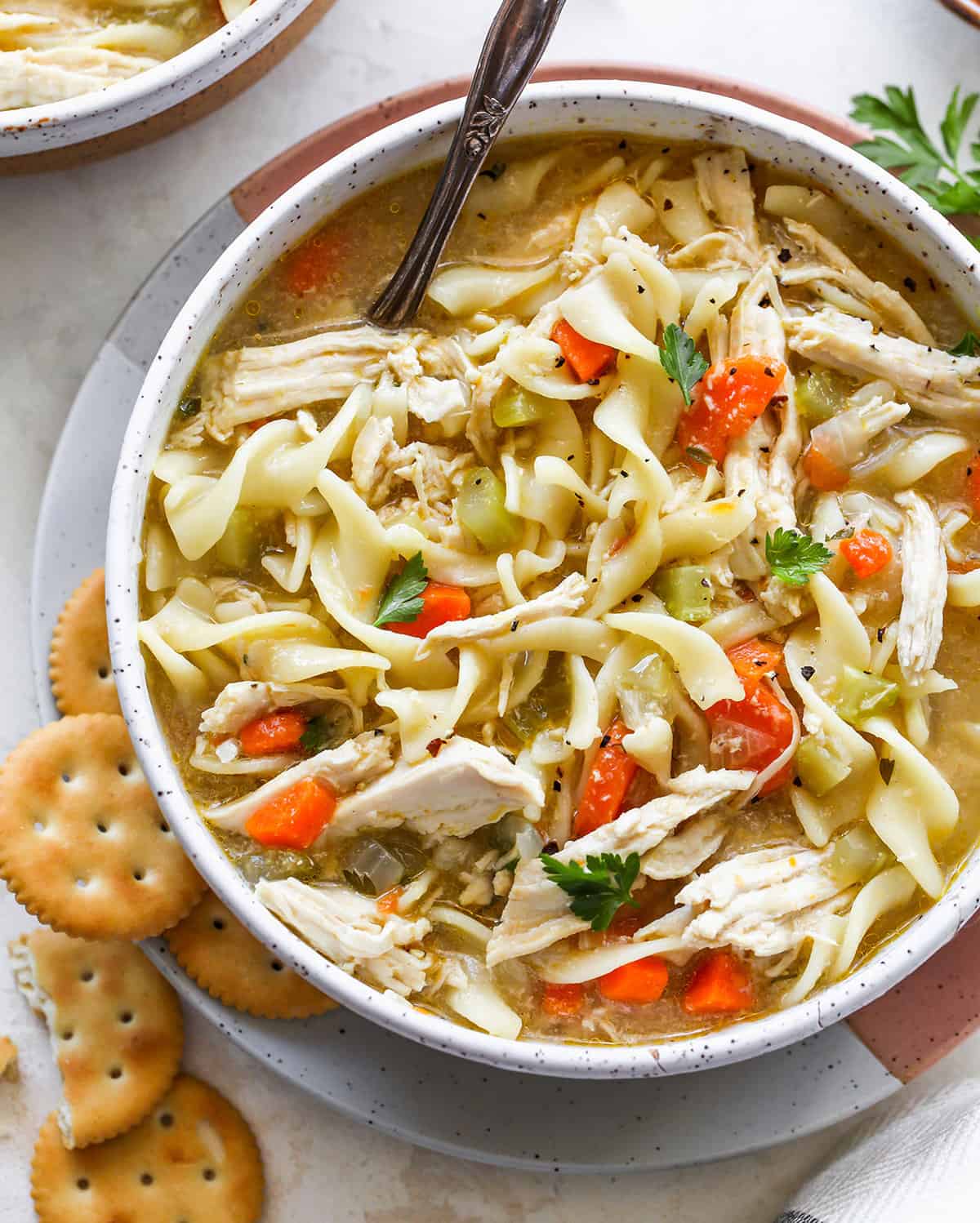 Chicken Noodle Soup in a bowl with a spoon 