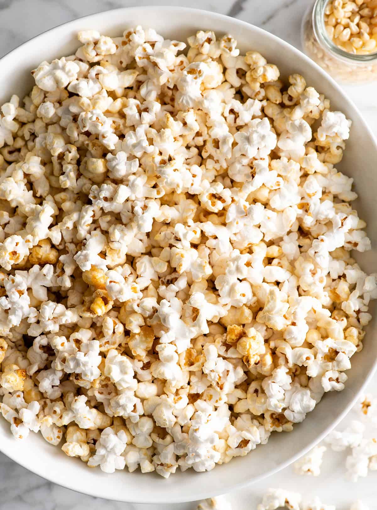 homemade kettle corn in a white bowl