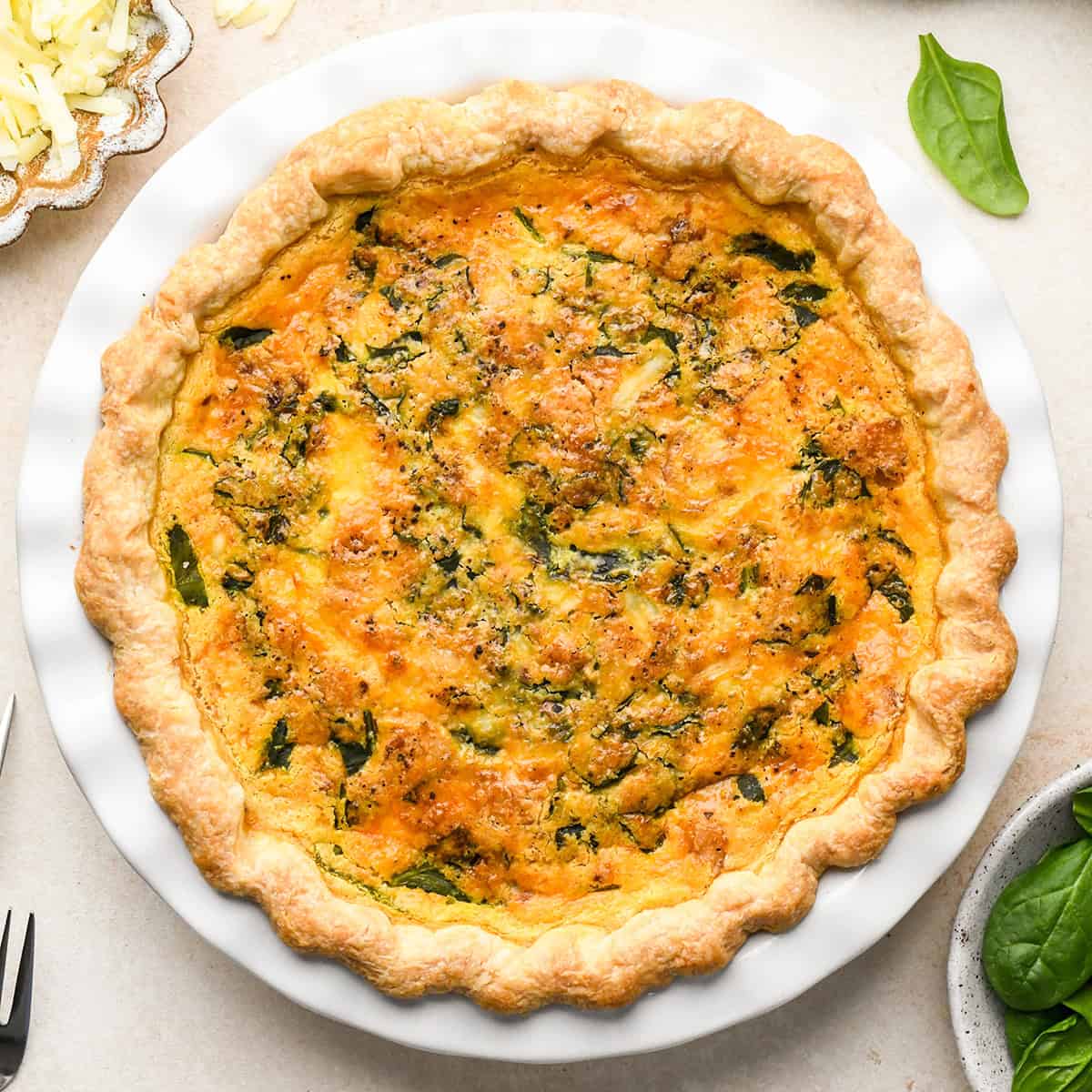 overhead view of a quiche in a pie dish