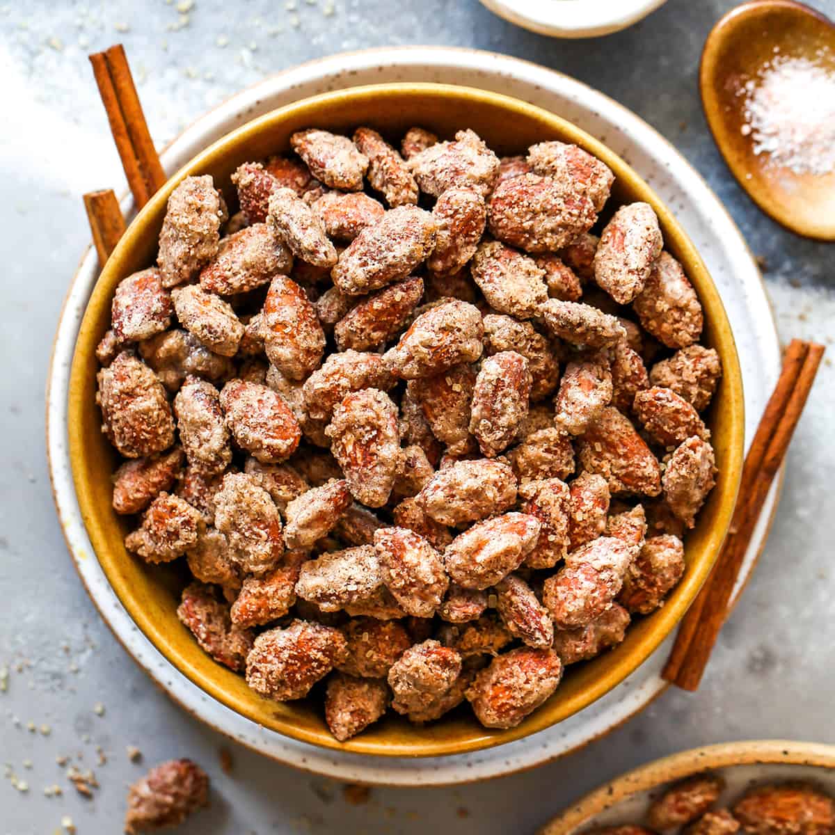 a bowl of candied almonds