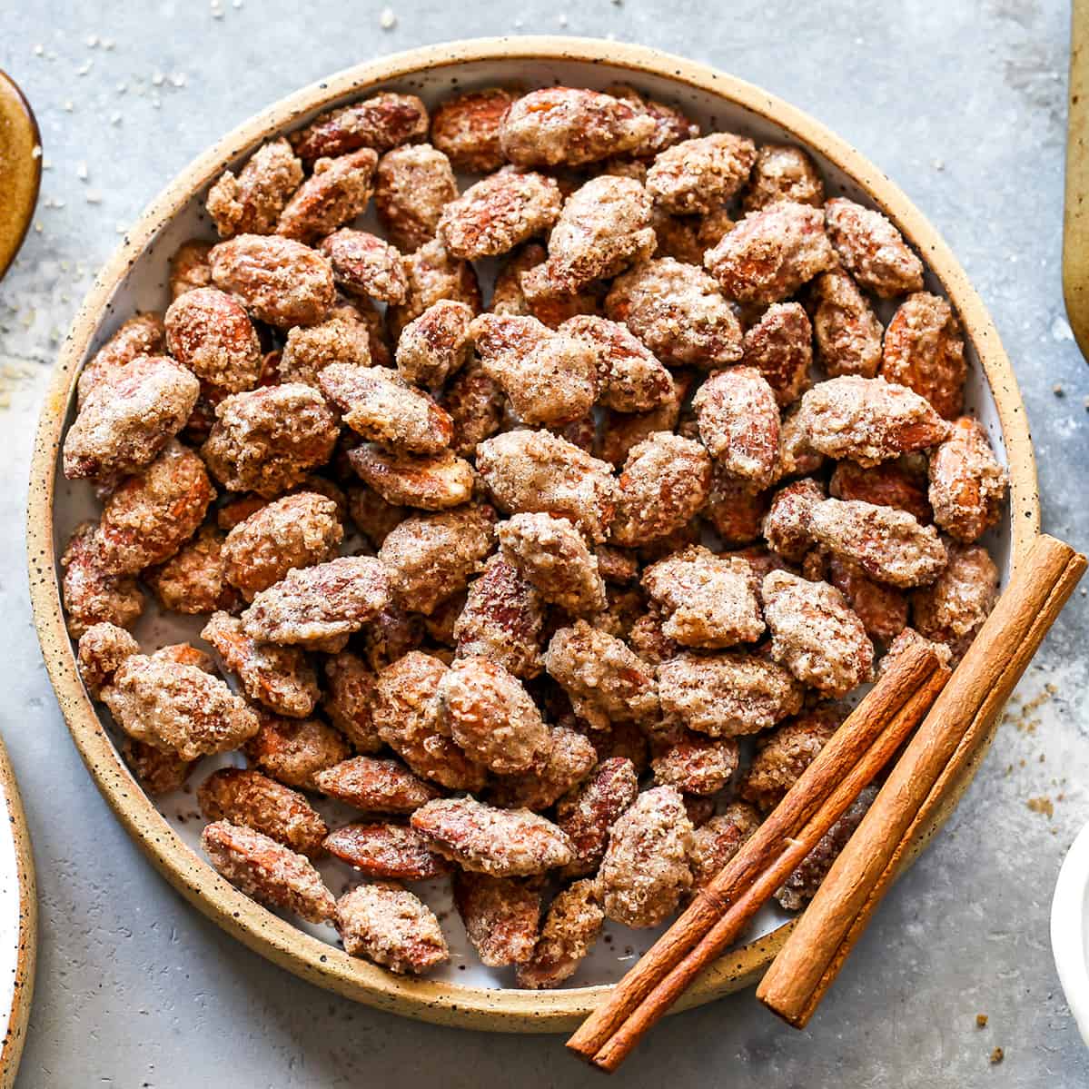 overhead view of a bowl of candied almonds