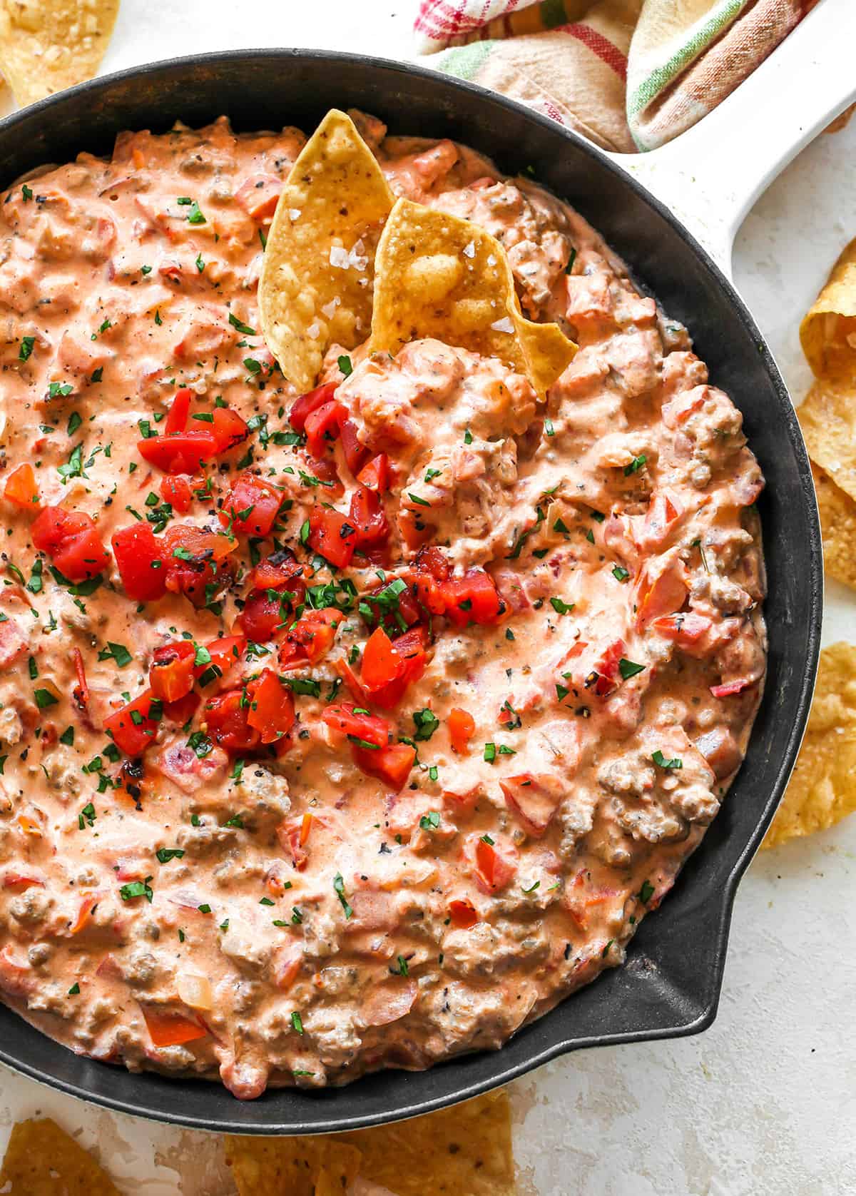 overhead view of Cream Cheese Sausage Dip in a skillet