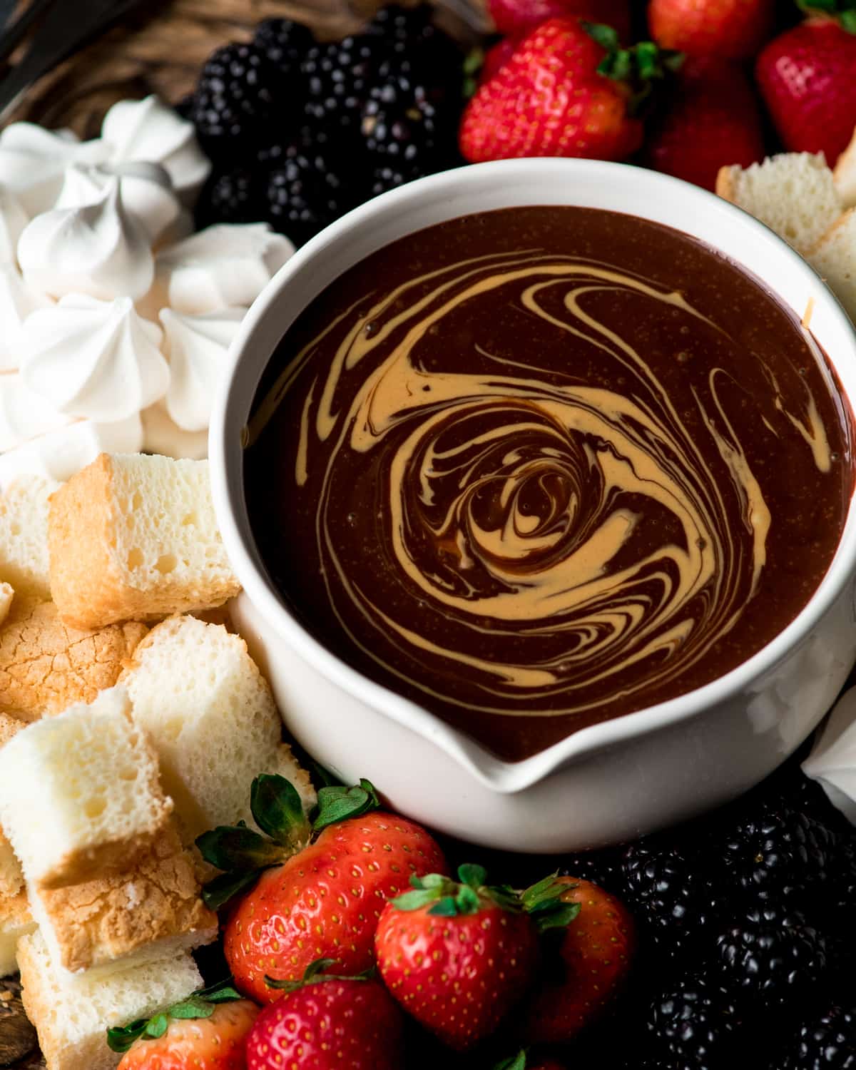 Overhead view of Chocolate Peanut Butter Fondue with a peanut butter swirl 