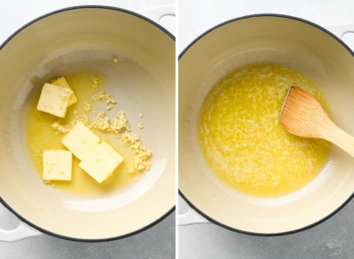 butter and garlic being cooked in a pot