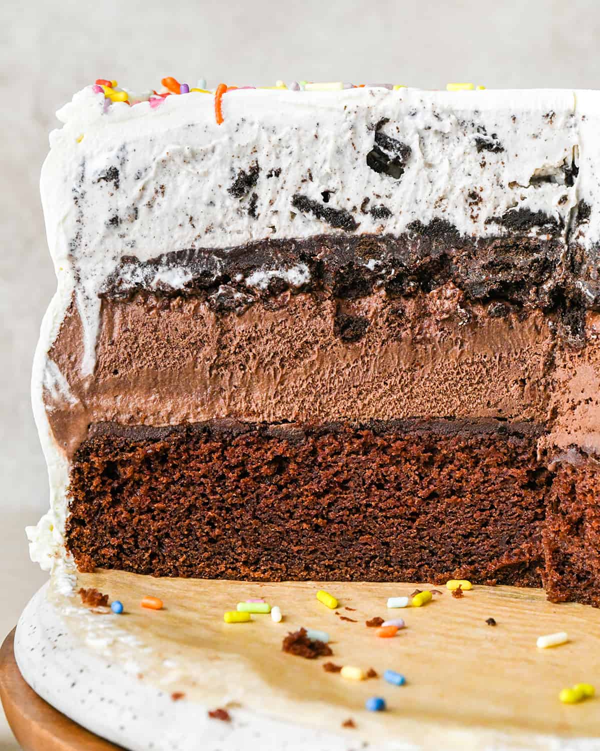 front view of the inside of an Ice Cream Cake that has had slices cut out of it so all the layers are visible