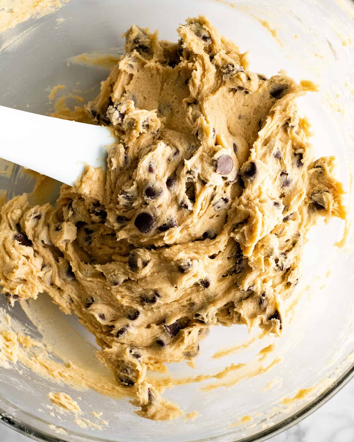 overhead view of the skillet cookie batter before baking