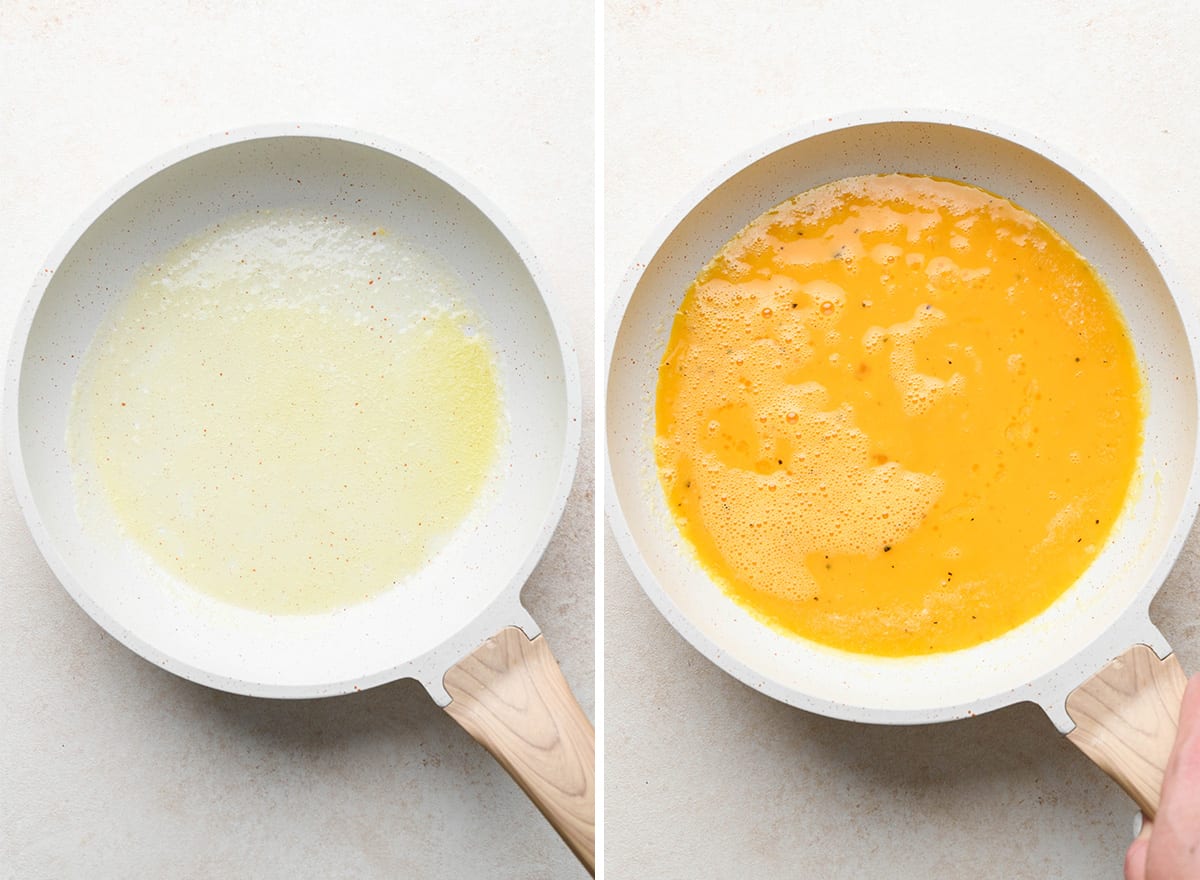 two photos showing how to cook an omelette 