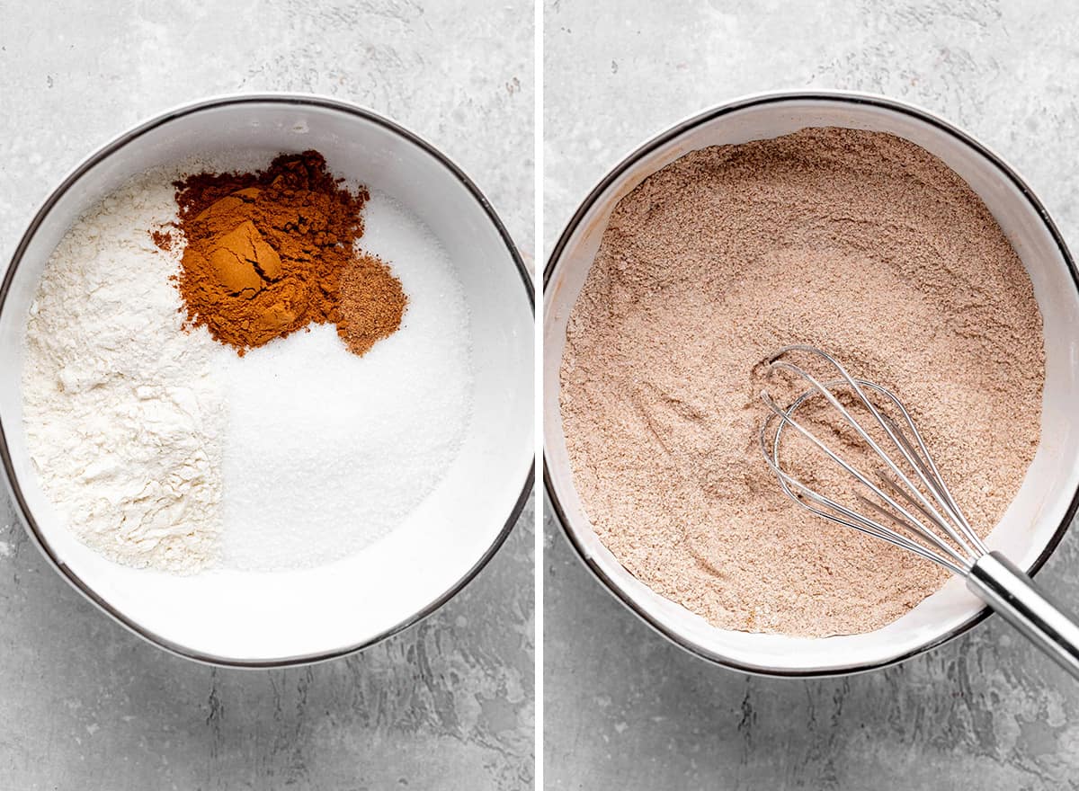 two photo showing How to Make Apple Pie filling - mixing dry ingredients 