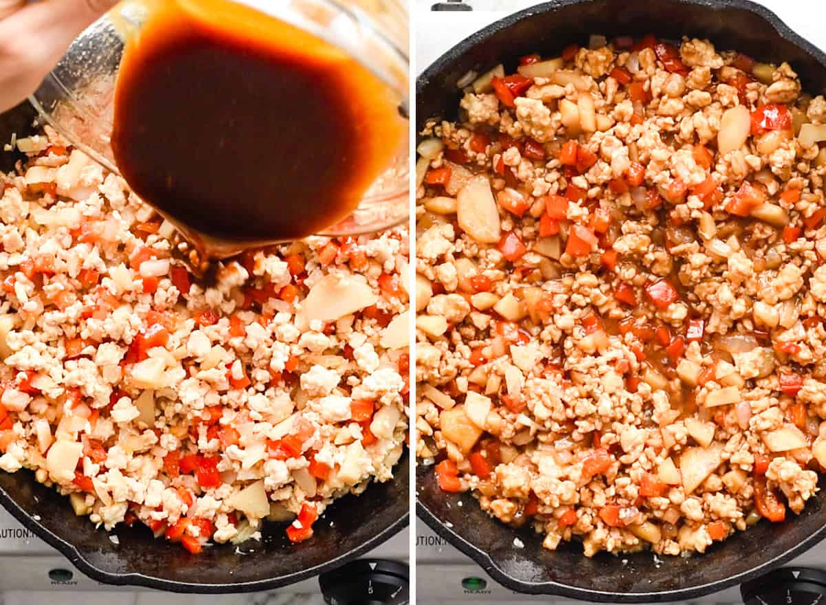 How to Make Asian Chicken Lettuce Wraps - adding sauce and cooking