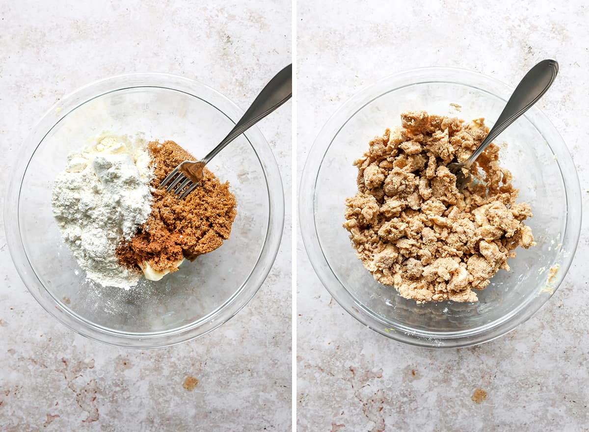 two photos showing how to make overnight French Toast Casserole topping