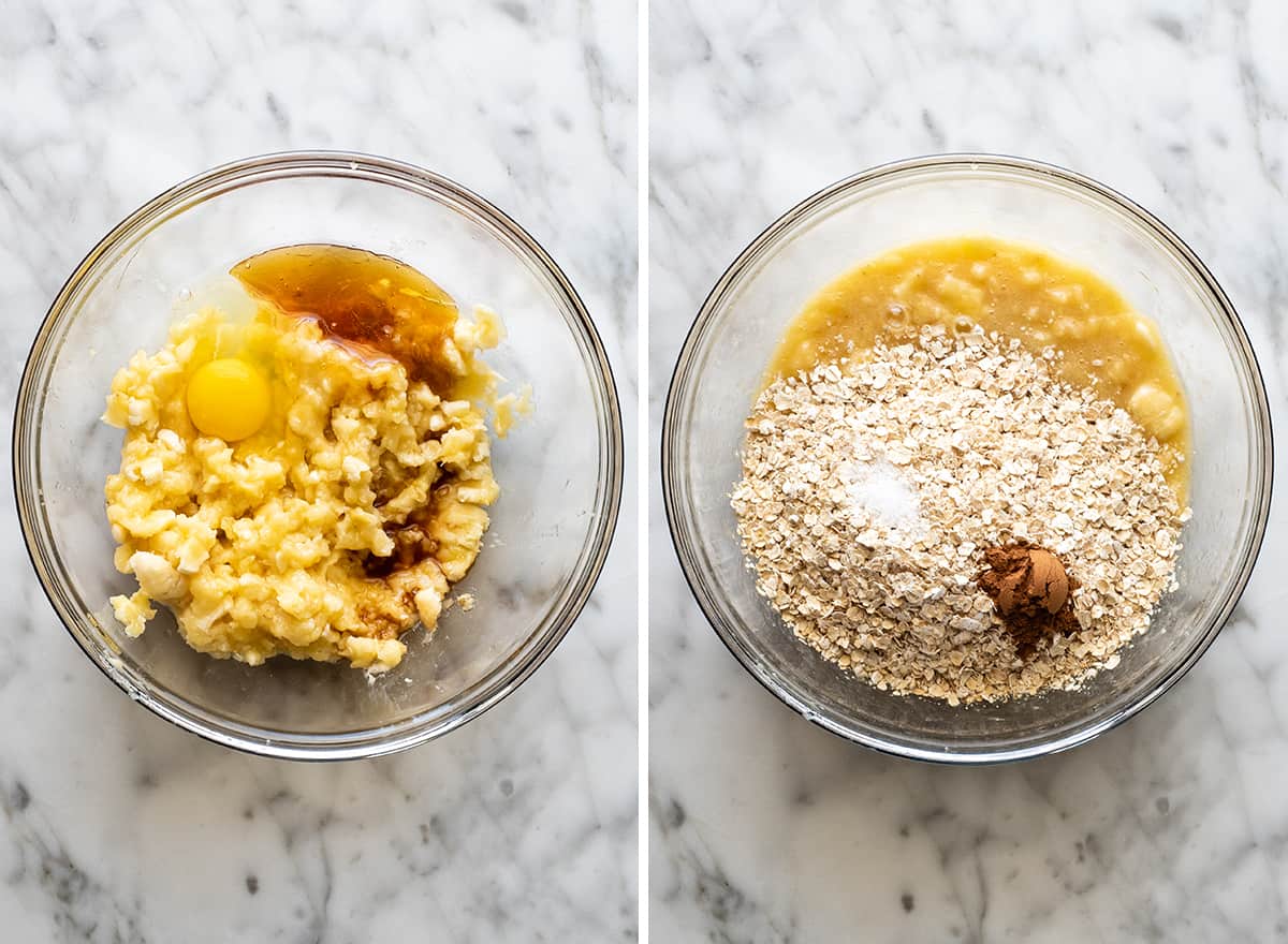 two overhead photos showing How to Make Banana Oatmeal Cookies
