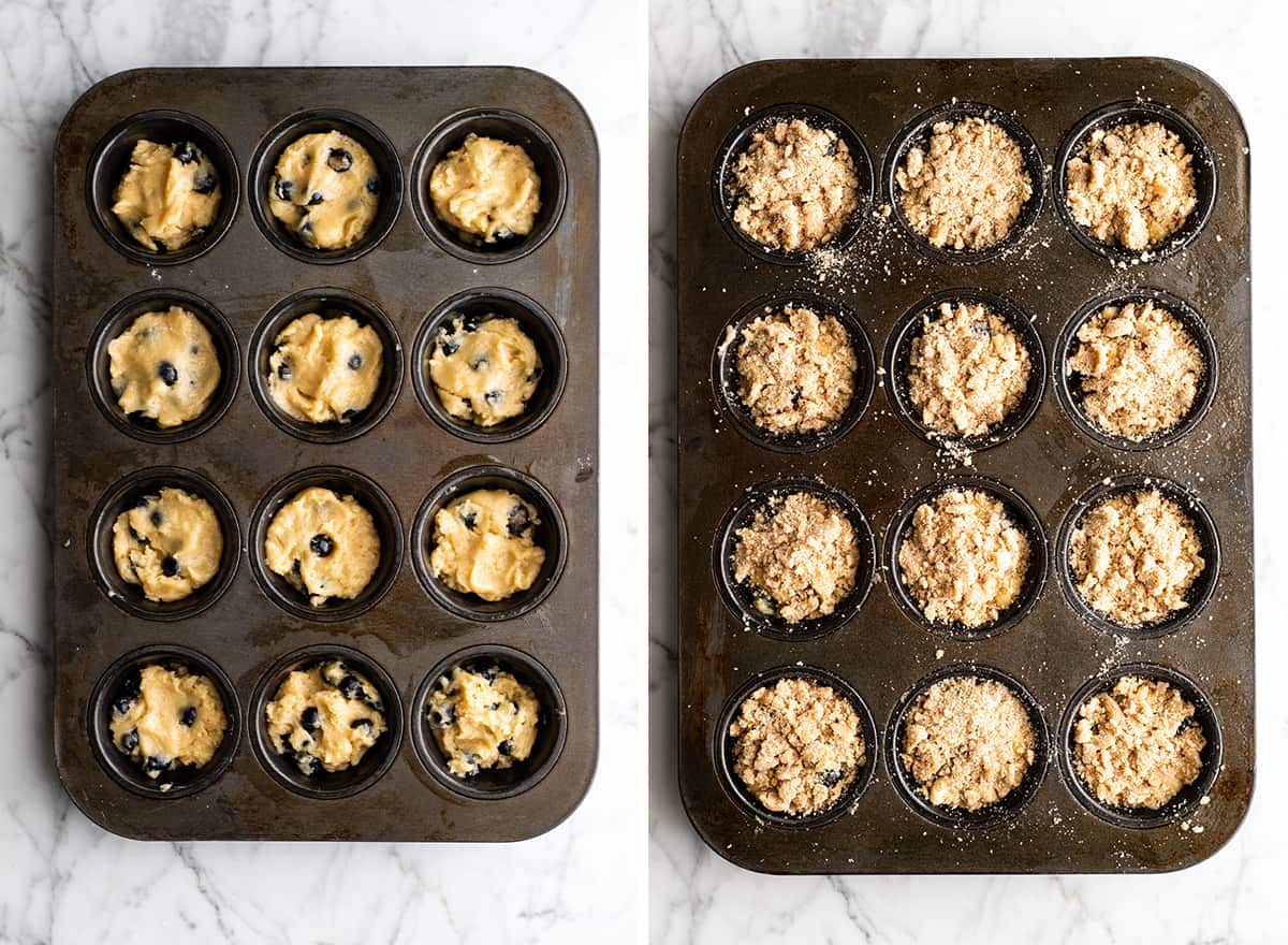 two photos showing How to Make Blueberry Muffins - putting the batter into a muffin tin and adding the crumb topping. 