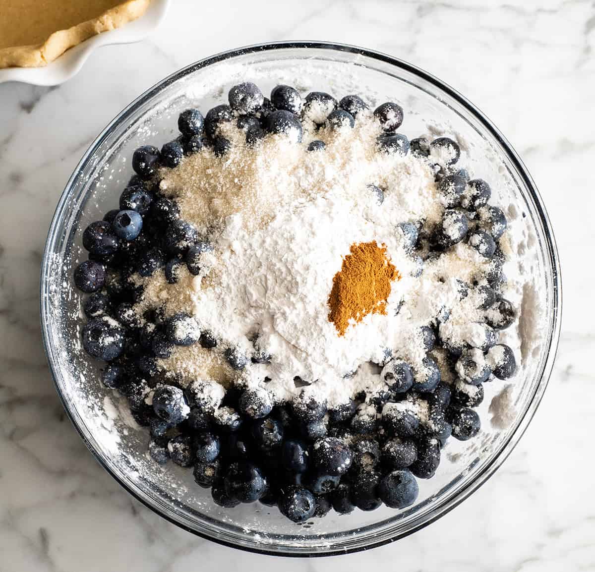 overhead view showing how to make blueberry pie filling