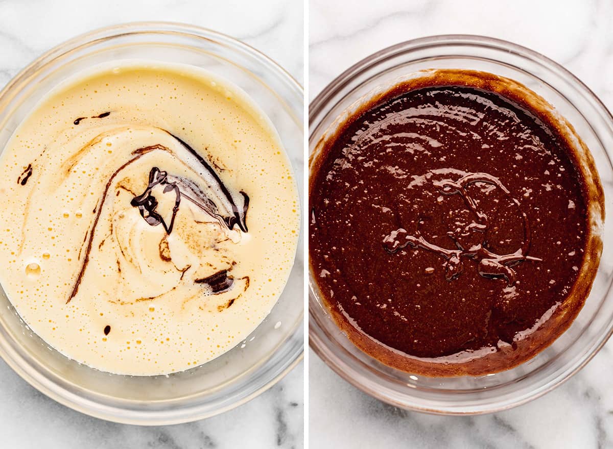 two photos showing how to make brownies - adding melted chocolate and vanilla