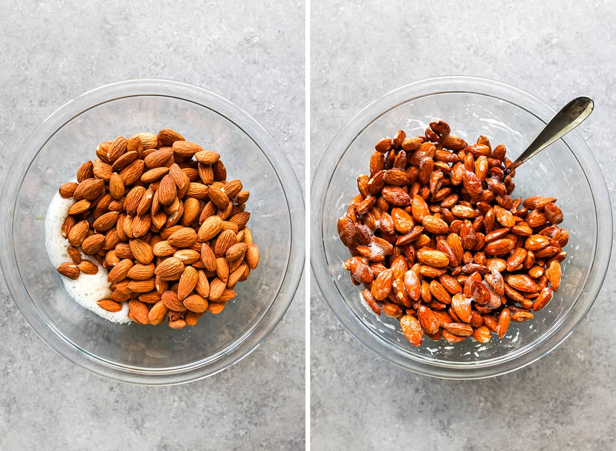 two overhead photos showing How to Make Candied Almonds