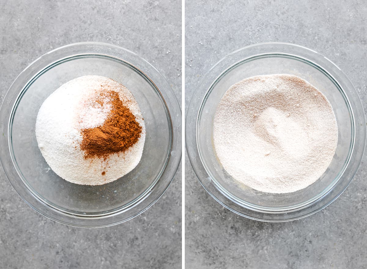 two overhead photos showing How to Make Candied Almonds
