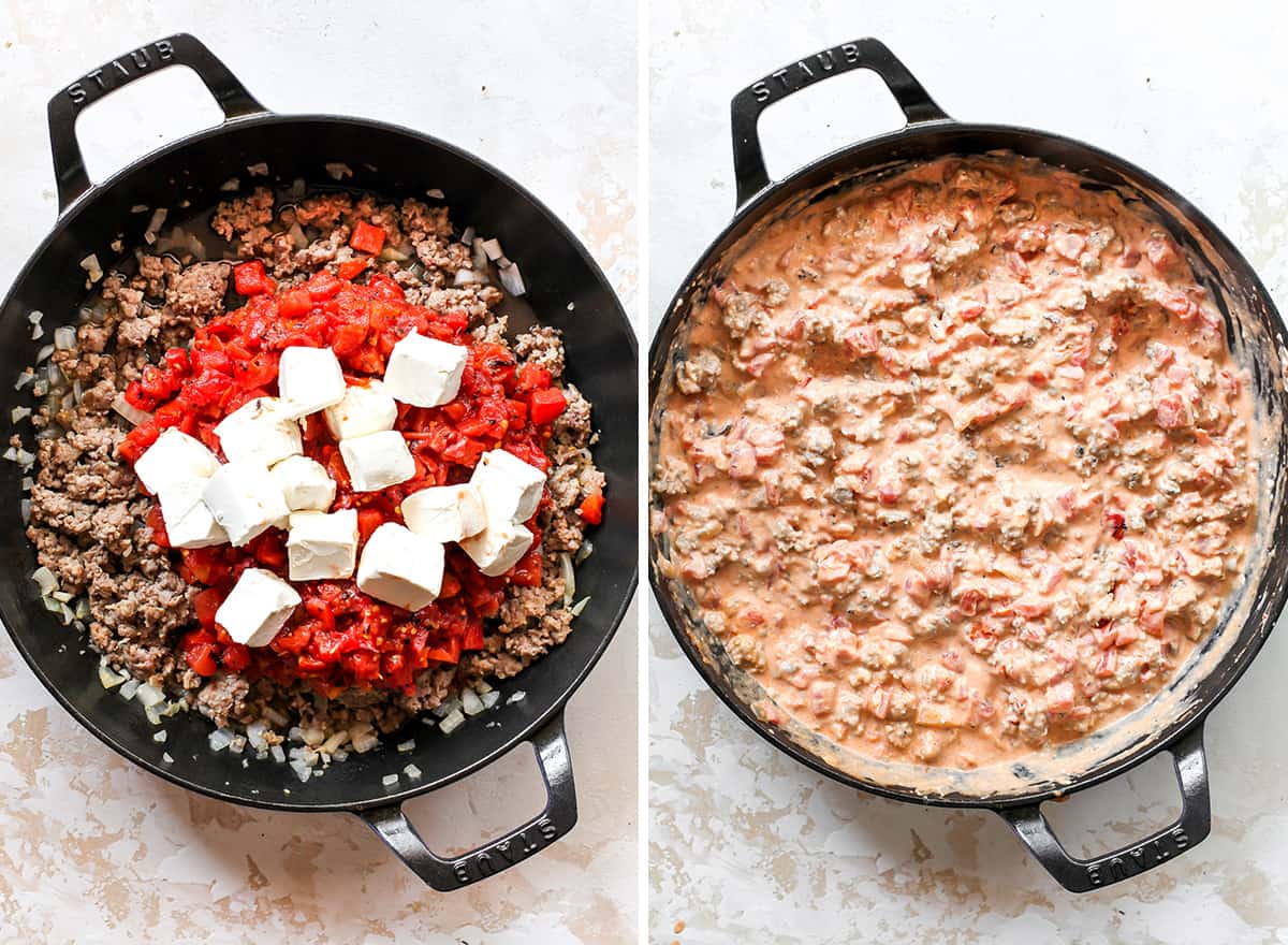 two overhead photos showing how to make Cream Cheese Sausage Dip