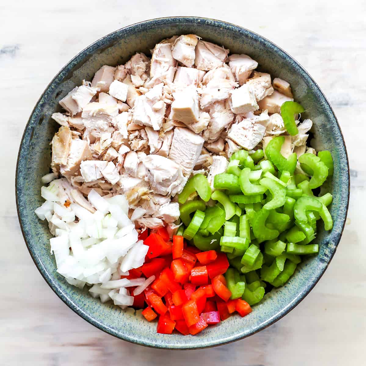 overhead photo showing how to make chicken salad