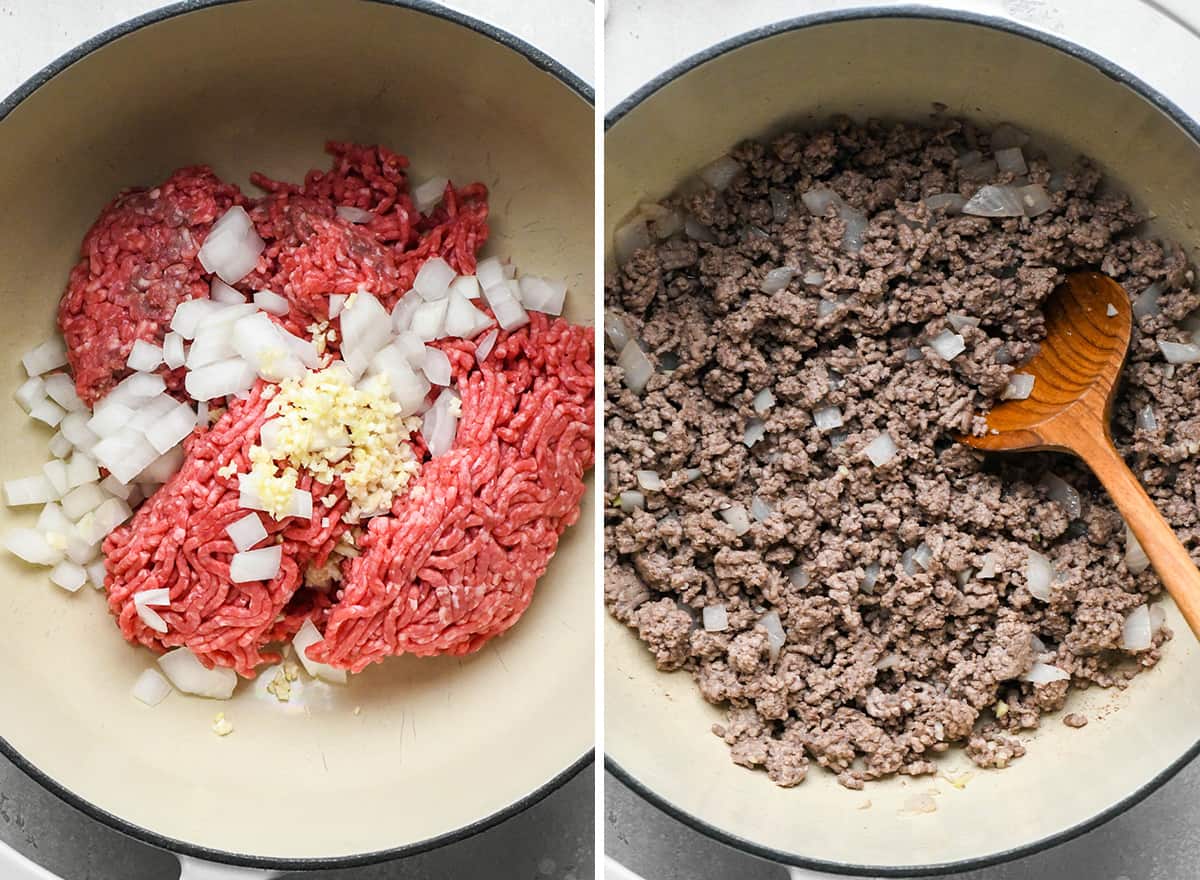 two photos showing How to Make Chili - browning meat with onions and garlic