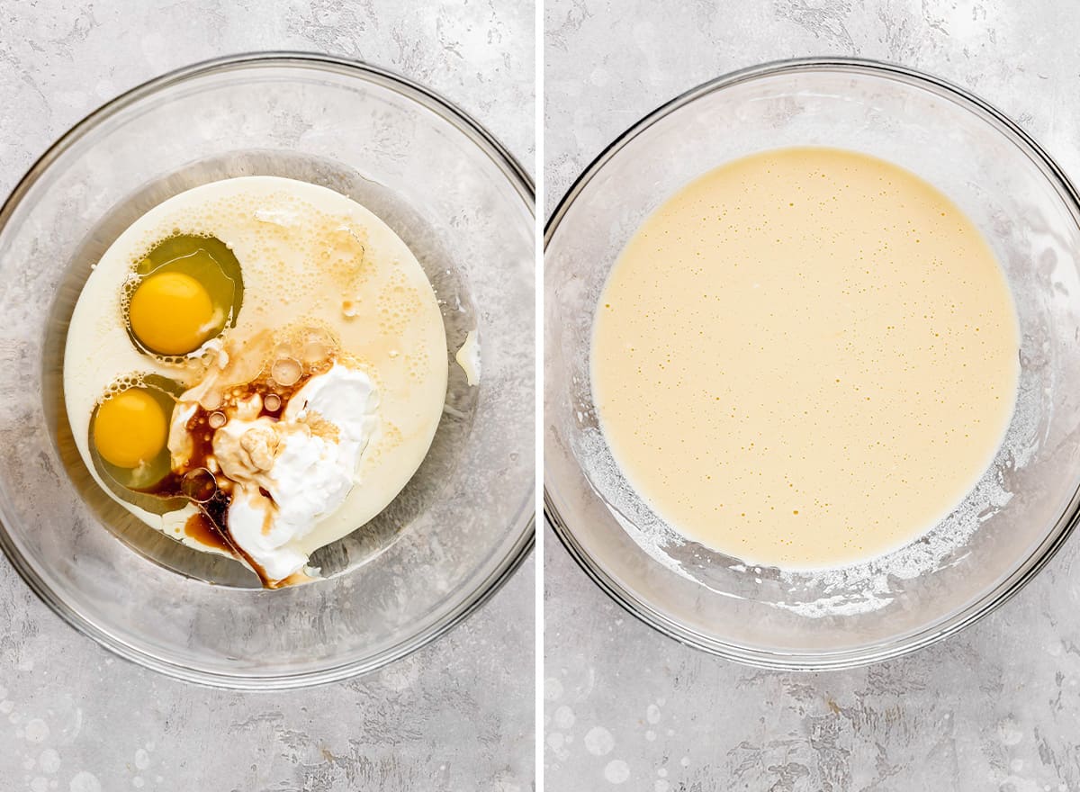 two photos showing How to Make Chocolate Cake From Scratch - combining wet ingredients 