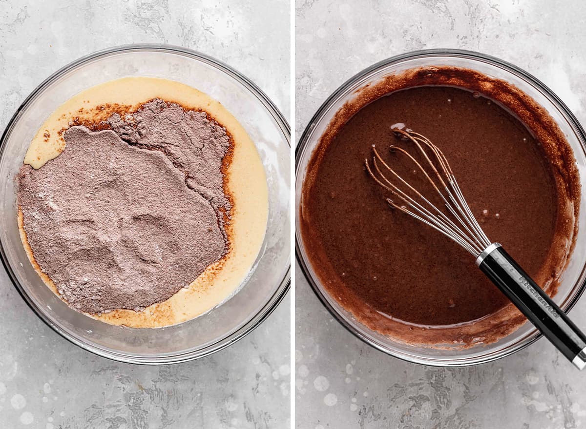 two photos showing How to Make Chocolate Cake From Scratch - combining wet and dry ingredients 