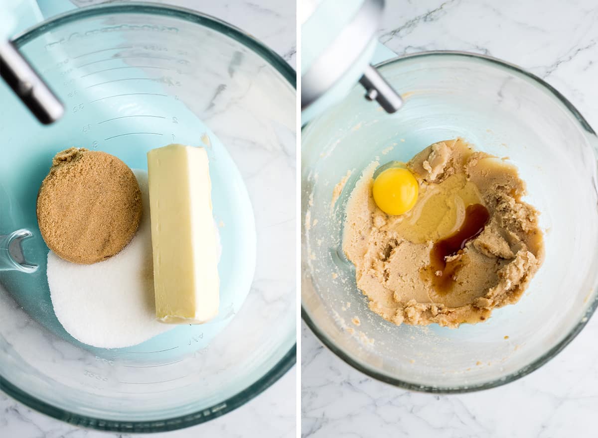 two photos showing how to make this chocolate chip cookie bar recipe