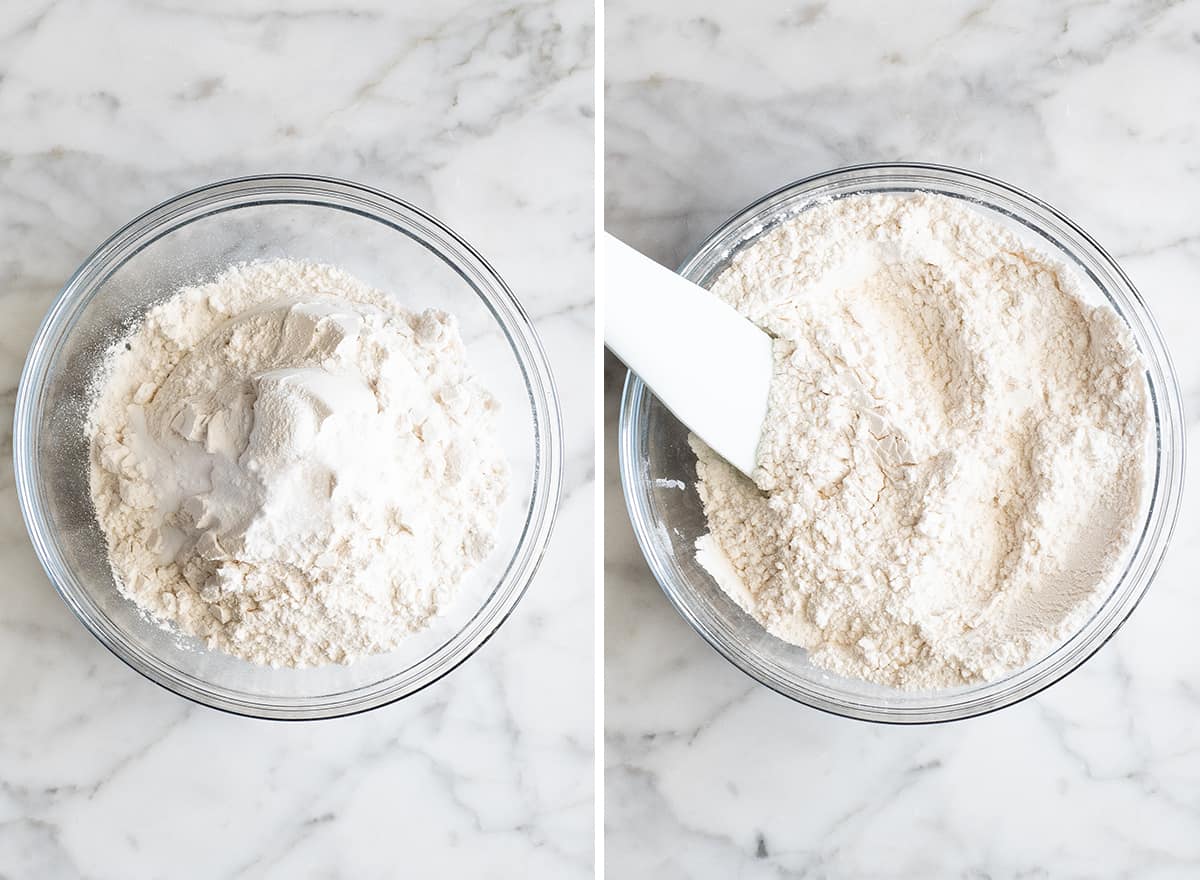 two photos showing How to make chocolate chip cookies - mixing dry ingredients