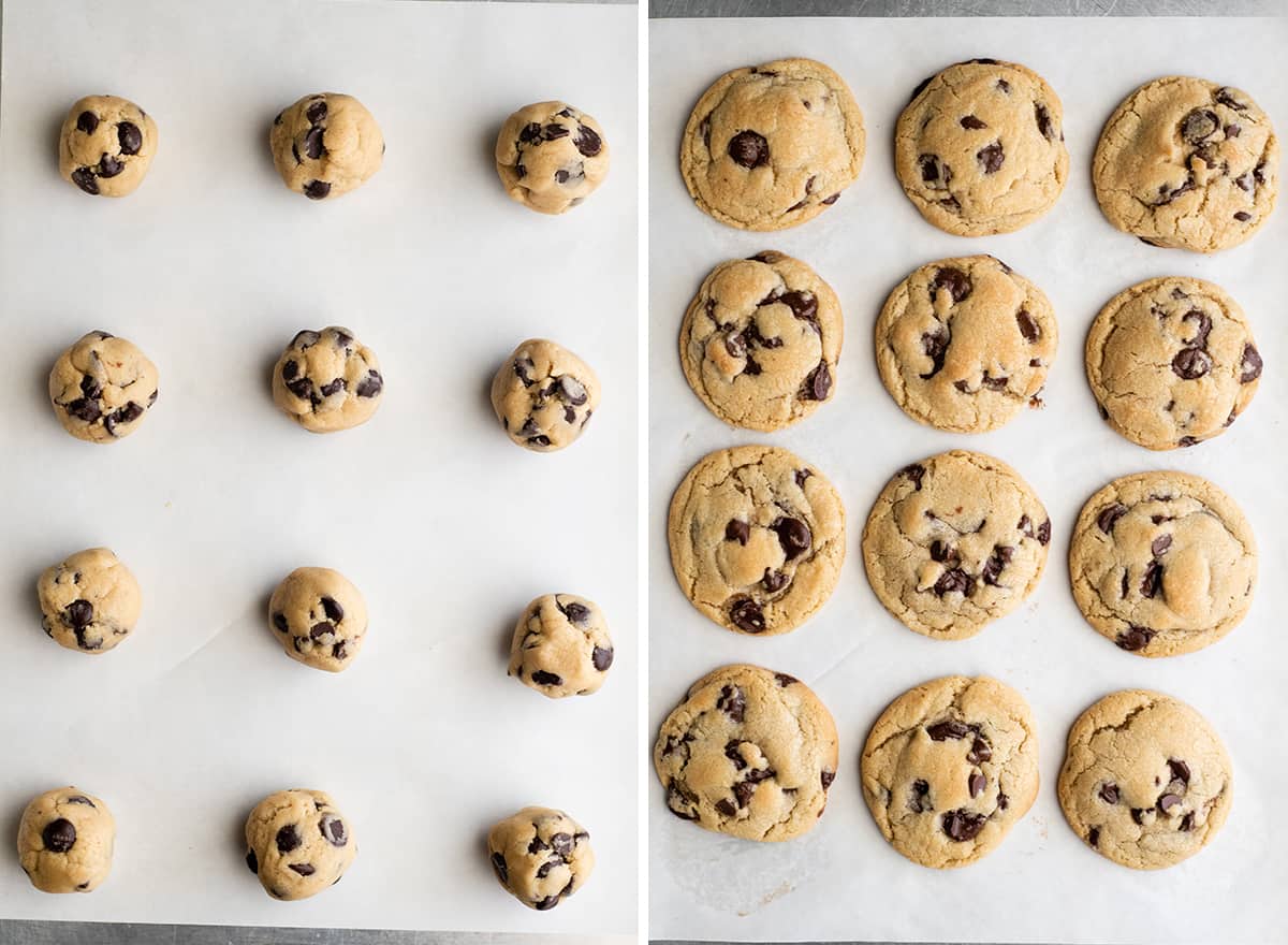 two photos showing How to Make Chocolate Chip Cookies before and after baking on a baking sheet