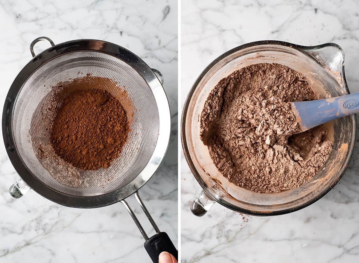 two overhead photos showing how to make chocolate cookies
