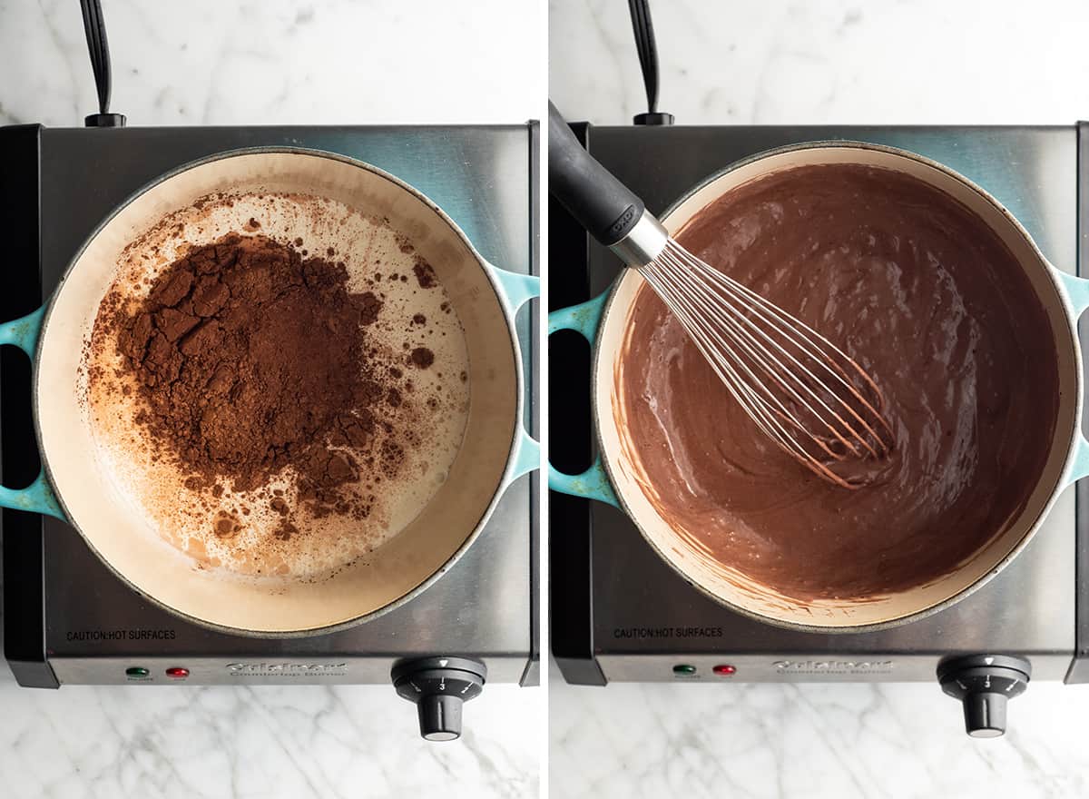 two photos showing how to make chocolate ice cream