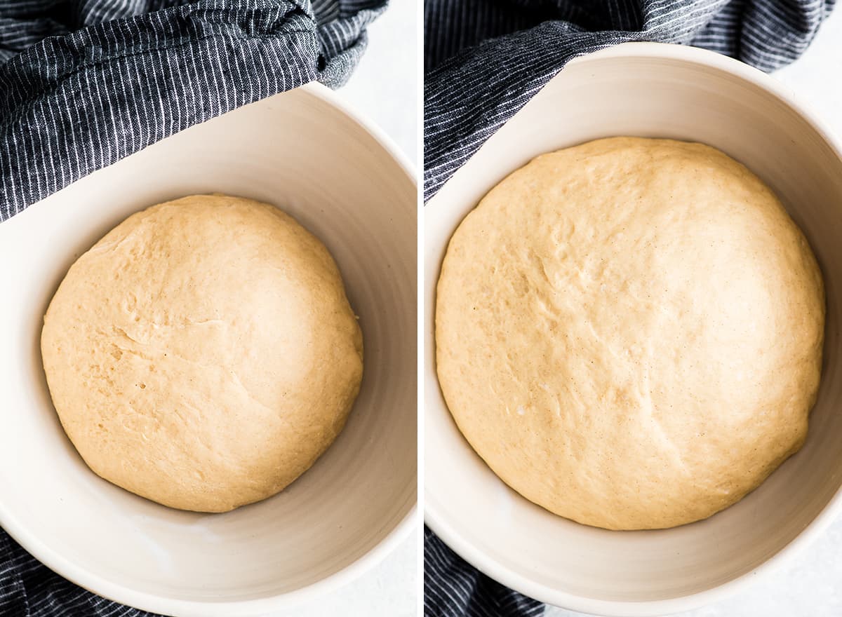 two overhead photos showing how to make cinnamon rolls