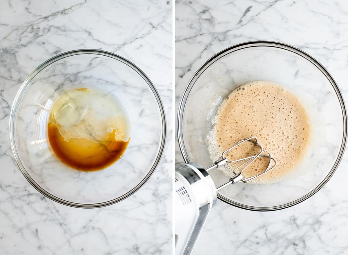 two overhead photos showing how to make candied cinnamon sugar pecans - combining wet ingredients
