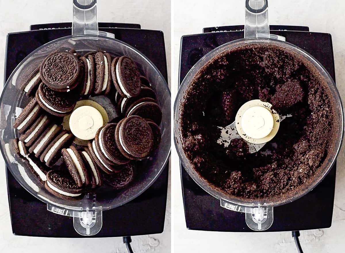 two photos showing how to make dirt cake - Oreo cookies in a food processor before and after processing