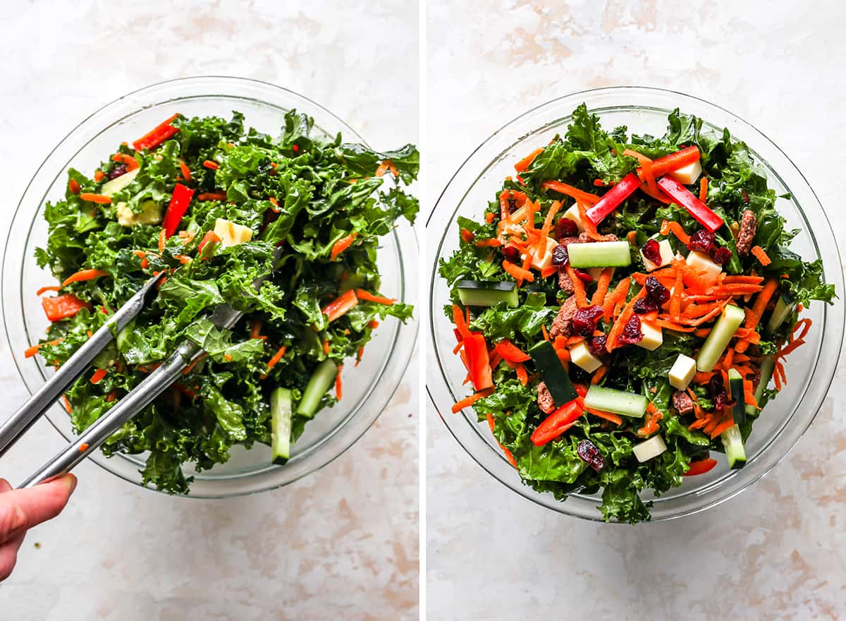 two overhead photos showing how to make kale salad
