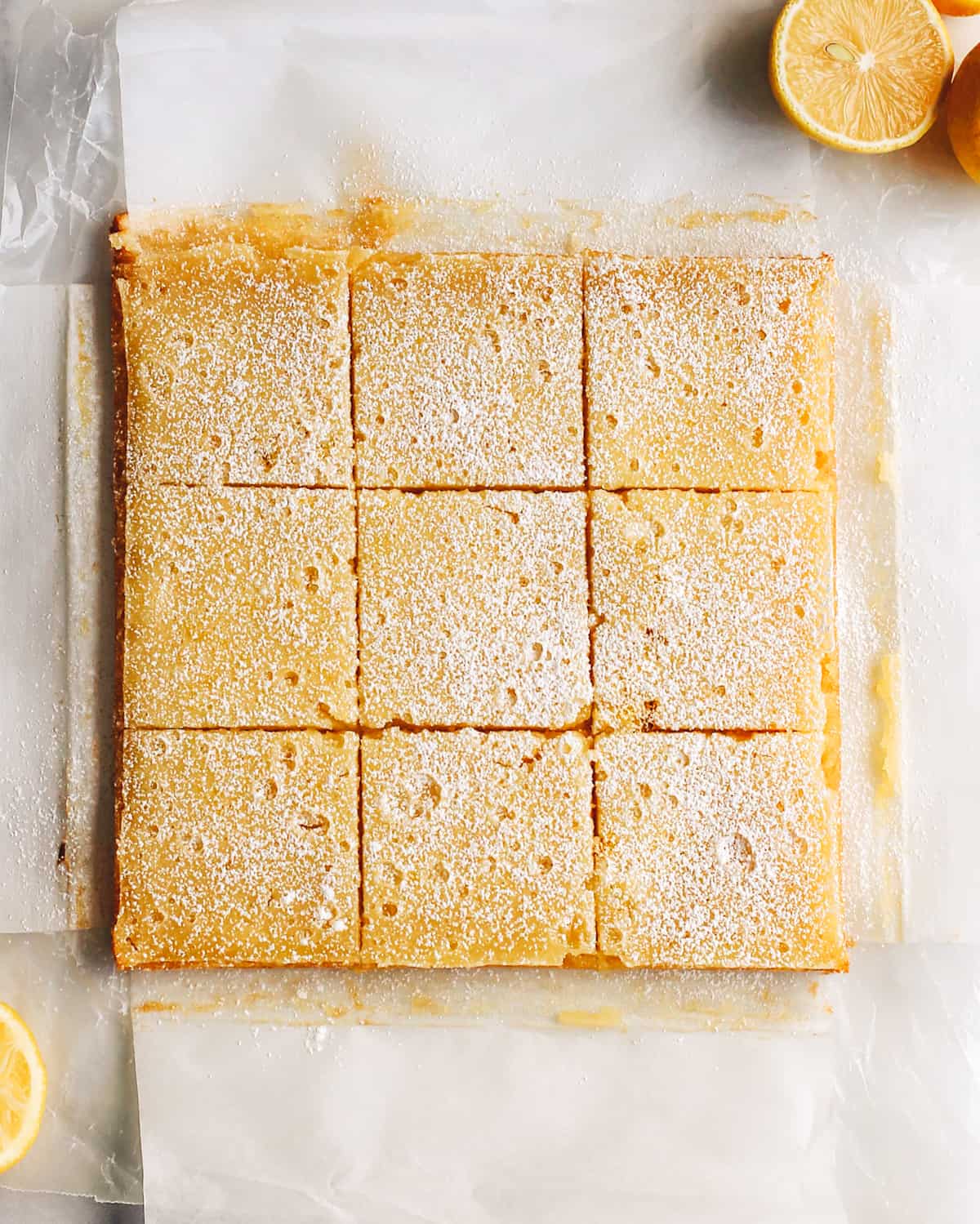 overhead photo of 9 baked lemon squares 