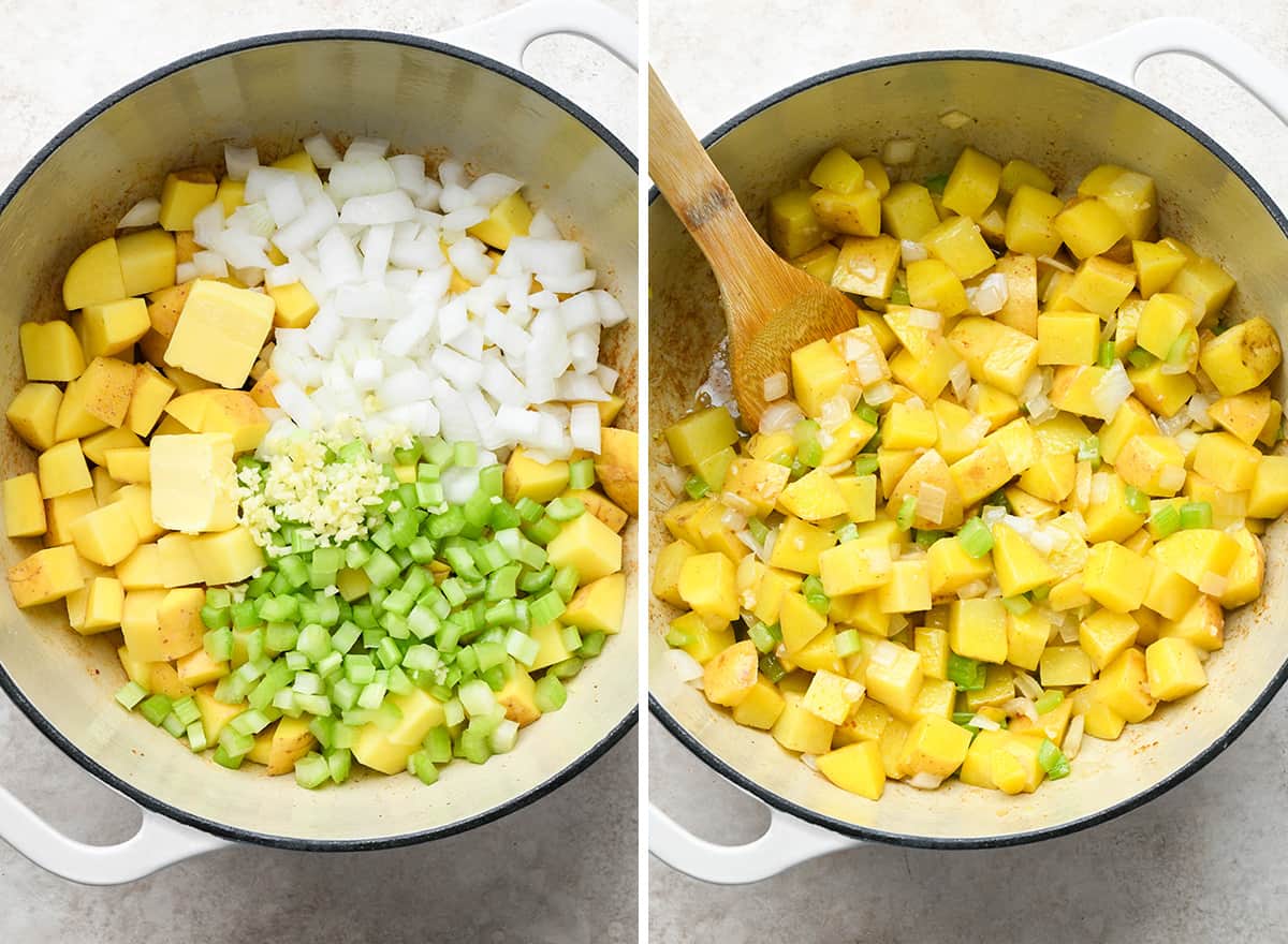 two photos showing How to Make Potato Soup in a dutch oven 