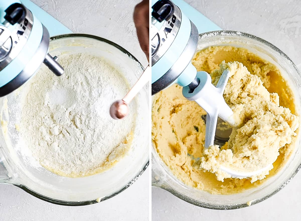 two overhead photos showing how to make sugar cookies - The left shows the dry ingredients being added. the right photo shows the final Cut Out Sugar Cookie dough