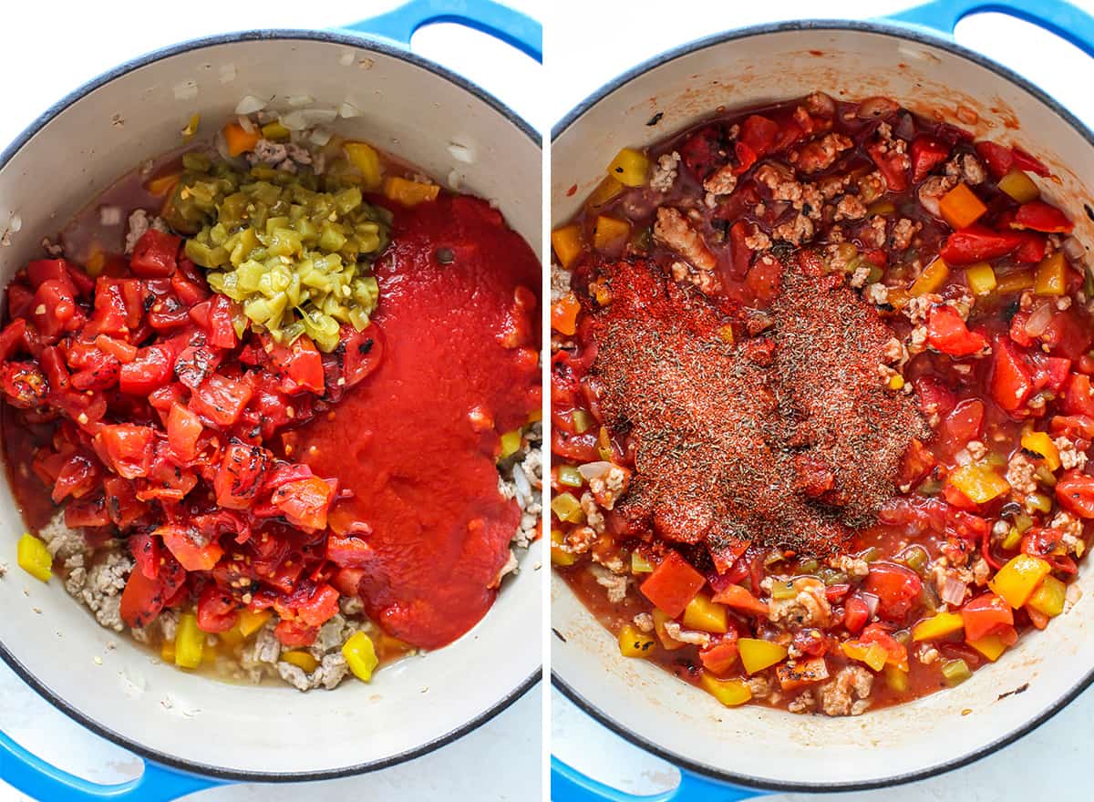two overhead photos showing How to Make Turkey Chili