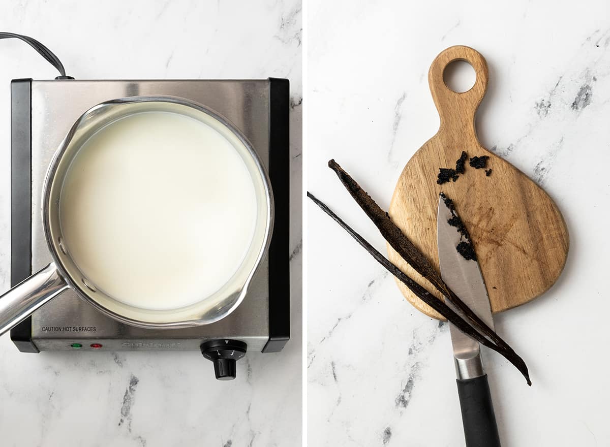 two overhead photos showing how to make vanilla ice cream