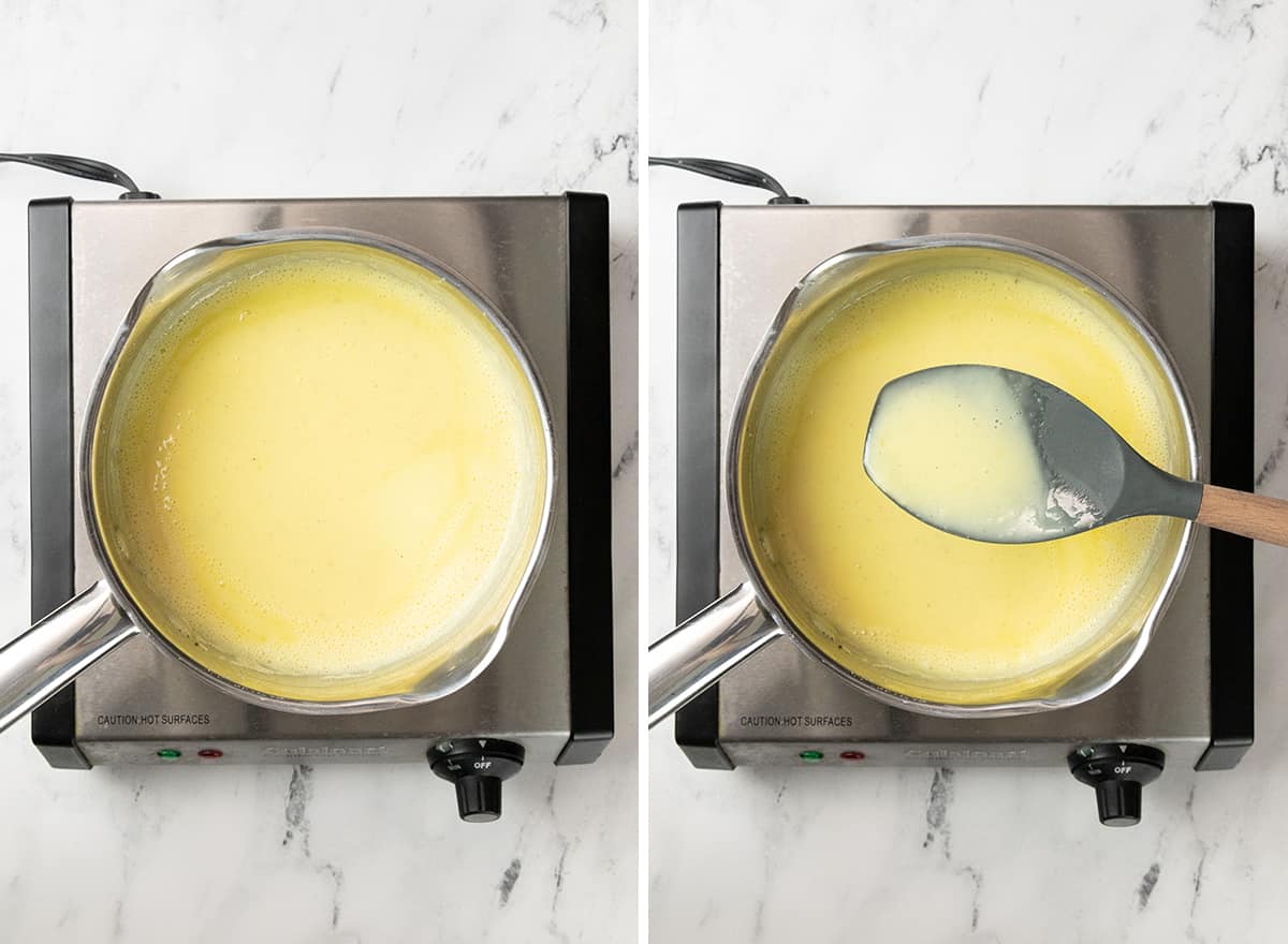 two overhead photos showing how to make vanilla ice cream