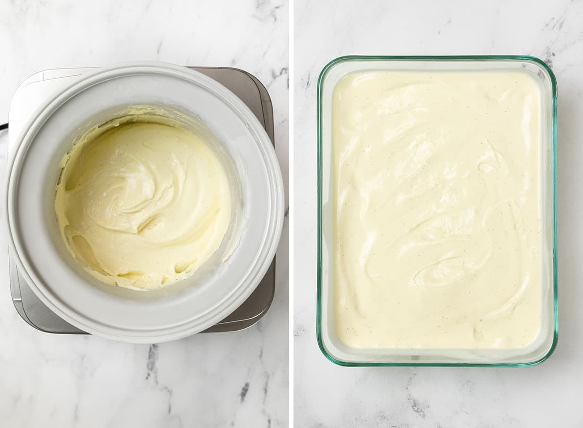 two overhead photos showing how to make vanilla ice cream