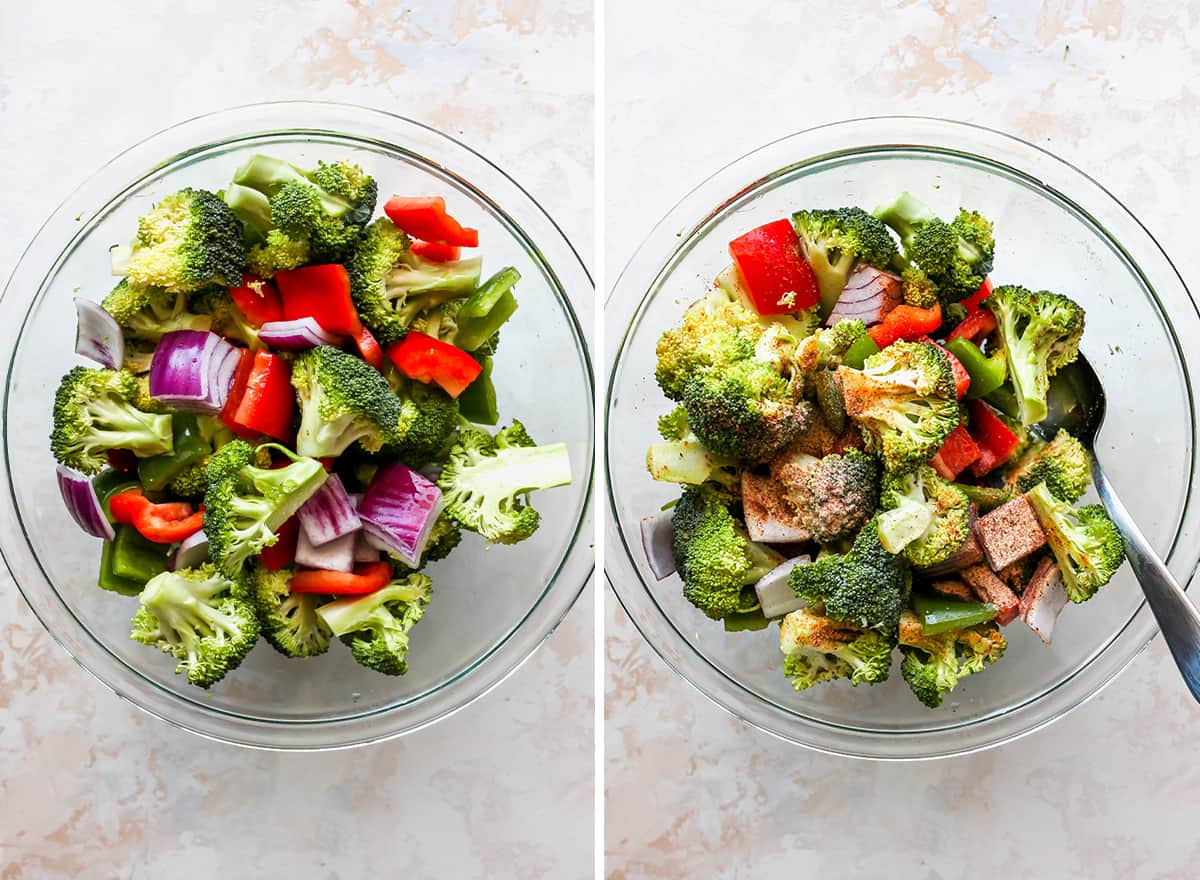 two overhead photos showing How to Roast Vegetables