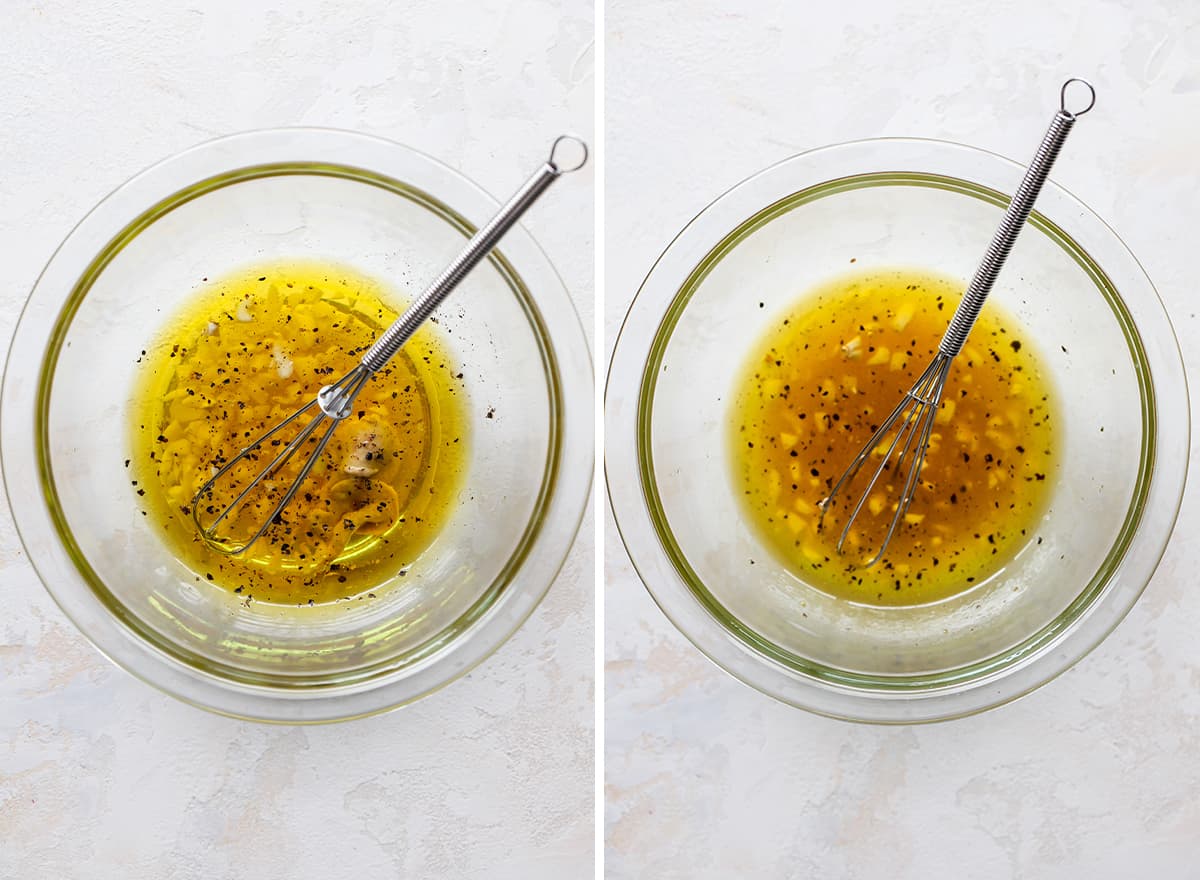 two overhead photos showing how to make kale salad